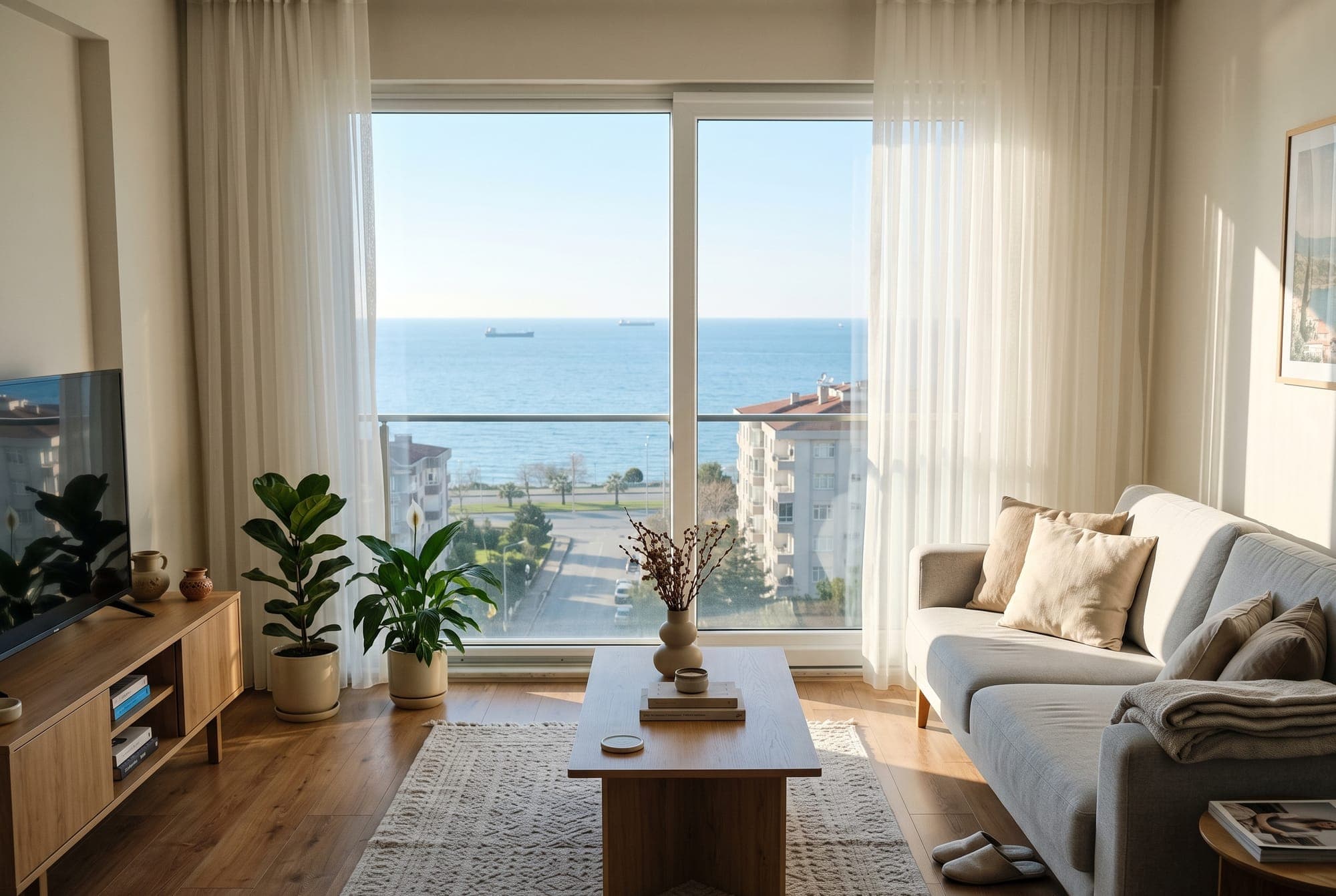 Deniz manzaralı, aydınlık ve toplu bir salon